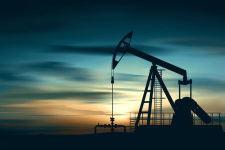 Silhouette of oil pump jack extracting crude oil at sunset in oil drilling operationの素材