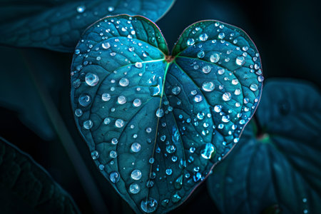 Tropical monstera leaf with water droplets on dark background, natural beauty and tranquilityの素材
