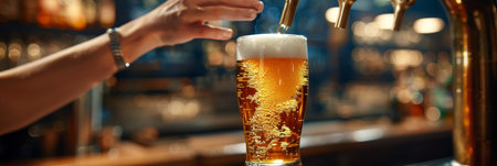 Close up view of bartender carefully pouring beer from tap, showcasing meticulous detailの素材