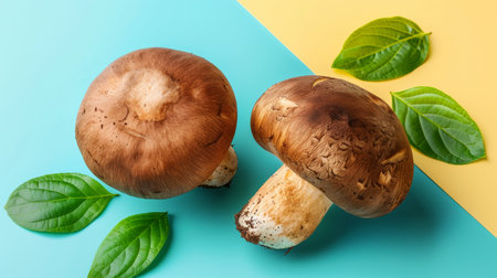 Mushroom matsutake on soft colored background   tricholoma matsutake in pastel settingの素材