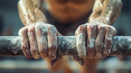Gymnast s powerful grip  close up on hands holding uneven bars with precision and strengthの素材