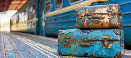 Travel suitcase positioned by the entrance of a bustling train station among busy commutersの素材