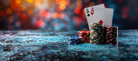 Strategic placement of two aces and stacked chips on green poker table for optimal gameplayの素材