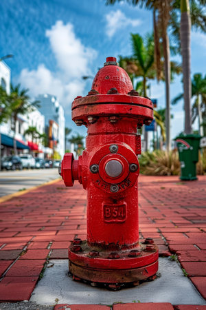 Vintage red fire hydrant on bustling city street for vital emergency fire accessの素材