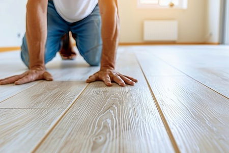 Skilled artisan meticulously laying laminate flooring for precise home renovationの素材