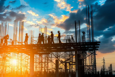 Silhouettes of electrical engineers and workers on high voltage transmission towersの素材