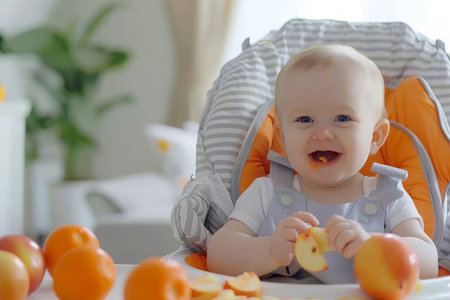 Young child sitting in chair enjoying nutritious pureed fruits or vegetables for healthy eatingの素材
