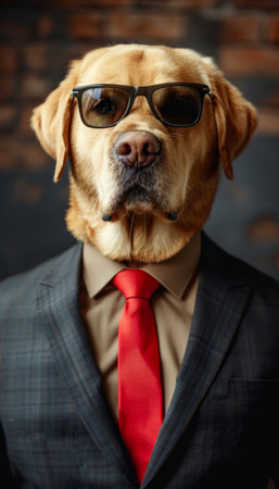 Fashionable dog in suit and sunglasses on blurred background with ample space for text placementの素材