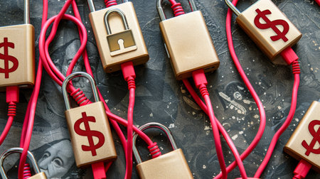 Symbolic phone cord tangle with dollar signs and padlocks symbolize confusion from scamsの素材