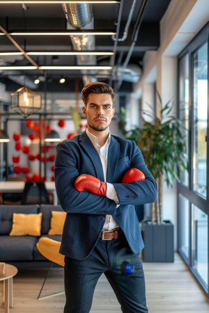 Corporate competitor  office worker in boxing gloves embraces business challengeの素材