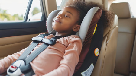 Tranquil toddler peacefully sleeping in a secure and cozy car seat, ensuring safety and comfortの素材