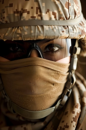 Close up of battle weary soldier, capturing intense fatigue and weariness in the warrior s faceの素材