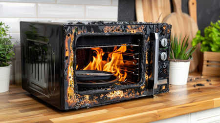 Microwave fire hazard  burn marks caused by electrical breakdown or short circuitの素材
