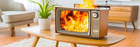 A broken television set engulfed in flames, creating a fiery inferno in a residential homeの素材