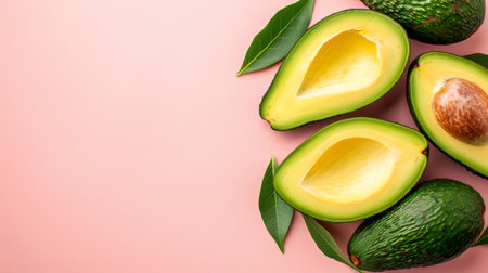 Ripe avocado on soft background with space for text, ideal for food and nutrition contentの素材