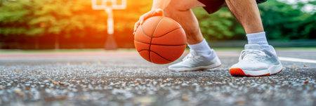 Athlete s hands dribbling basketball  olympic sport displaying skill and precisionの素材