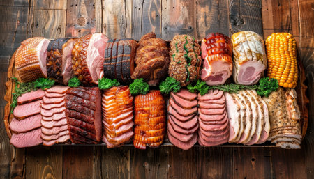 Arrangement of cured ham slices on vintage table for elegant presentation of fine meatsの素材