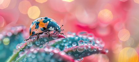 Delicate ladybug perched gracefully on a brilliantly colored and vividly green leafの素材