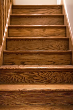 Contemporary interior design  stylish ash tree wooden stairs in newly constructed homeの素材