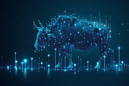 Bullish market surge  vibrant blue graphs rising with sunrise glow, indicating strong growthの素材