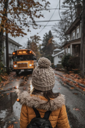 Schoolchild carrying a backpack walking towards the school bus, view from behindの素材
