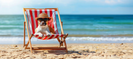 Cartoon dog enjoying summer  canine in sunglasses and sunhat chilling on beach with cold beverageの素材