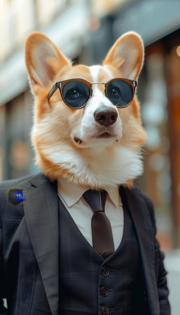 Stylish dog in sunglasses and suit with tie on blurred background with copy spaceの素材