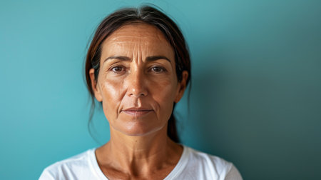 Smiling middle aged woman in 1950s style, white t shirt, pastel background close up shotの素材