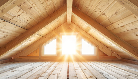 Wooden frame construction with truss, post, and beams underway for a new house buildの素材