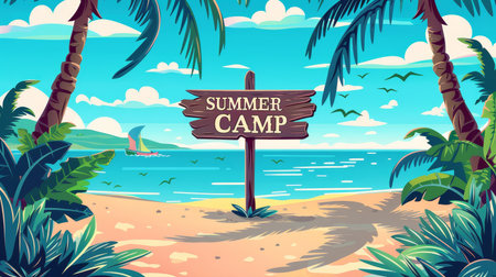 Vibrant summer camp banner promoting exciting vacation activities and marketing opportunitiesの素材