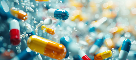 Flying pills and capsules concept in pharmacy, antidepressant, and vitamin categoryの素材