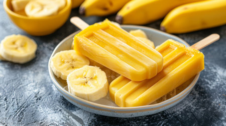 Vibrant vegan banana ice cream popsicles   frozen banana fruit lollypops for a refreshing treatの素材