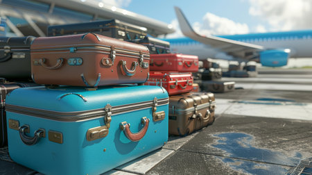 Airport travel concept  suitcases with airplane against blue sky, symbolizing wanderlustの素材