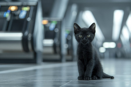 Futuristic tunnel scene  black cat with yellow eyes sitting in blurred background with copy spaceの素材