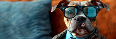 Stylish canine in sunglasses and formal attire on blurred background with space for textの素材