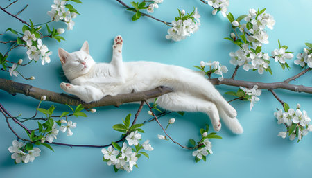 Adorable cat with flower on soft pastel background for text, copy space availableの素材