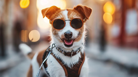 Stylish dog in sunglasses and suit with tie on blurred background, space for textの素材