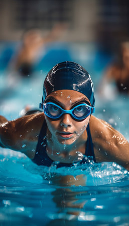 Swimmer s determination in freestyle stroke at summer olympics, symbolizing sports excellenceの素材