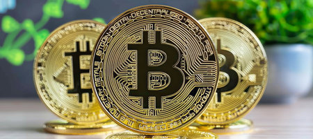 Bitcoin gold coins on abstract blurred financial chart background for investment and cryptocurrencyの素材