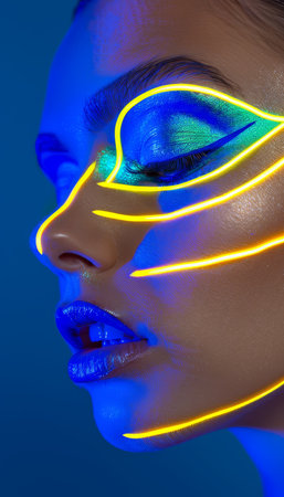 Angela rehn s stunning cyber beauty portrayed in vibrant neon pop artistic styleの素材