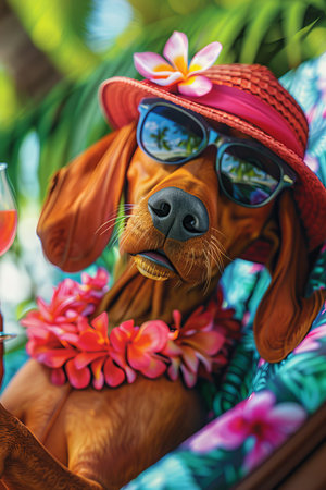 Animated dog in sunglasses on beach chair with drink, epitomizing summer leisureの素材