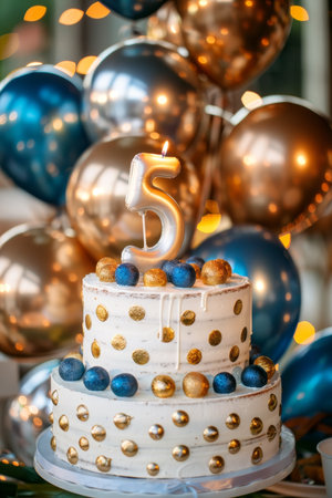 Number 5 candle on celebratory cake with balloons and festive decorations on blurred backgroundの素材