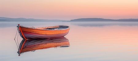 Tranquil sunset ocean view with empty wooden rowboat on calm and peaceful watersの素材