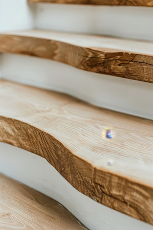 Sleek ash wood staircase in contemporary white interior of a newly constructed houseの素材