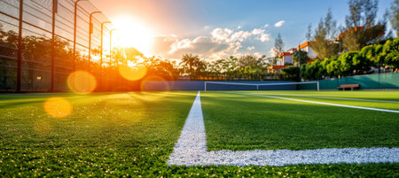 Detailed view of meticulously maintained grass tennis court prepared for tournament playの素材