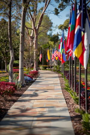 Pan american community day  uniting nations in celebration with flags from various countriesの素材