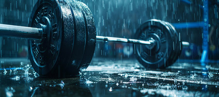 Raw power  close up of weight stacked on barbell, symbolizing summer olympic games strengthの素材