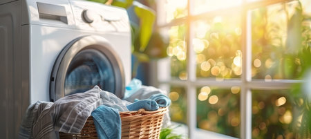 Laundry basket and washing machine on blurred background with ample copy space for text placementの素材