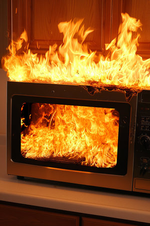 Damage in microwave oven due to breakdown or short circuit results in burns and potential hazardsの素材