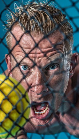 Focused player s intense gaze during serve at summer olympic games, showcasing determinationの素材